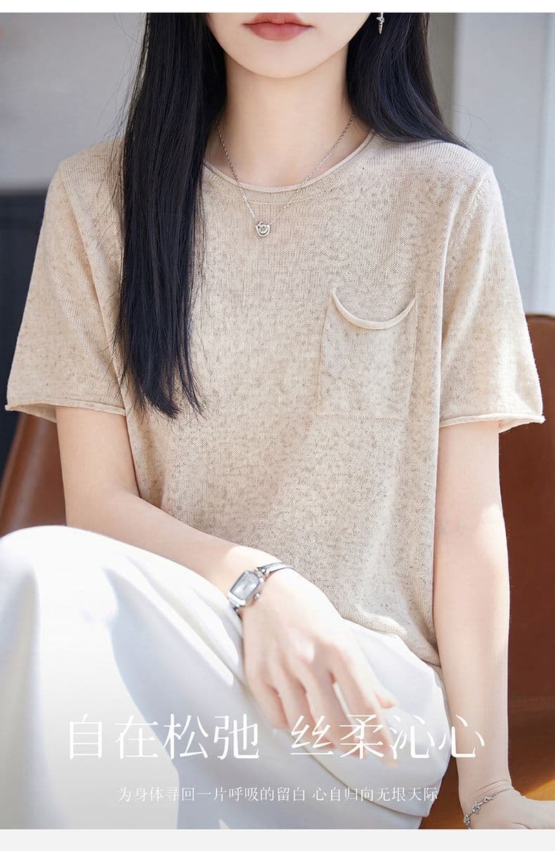 한 부서 연령 감소 주간 실크 니트 반팔 티셔츠 여성 라운드 넥 여름 새로운 볼륨 측면 반소매 루즈핏 슬림해 보이는 품격 맨위 상세 이미지 1