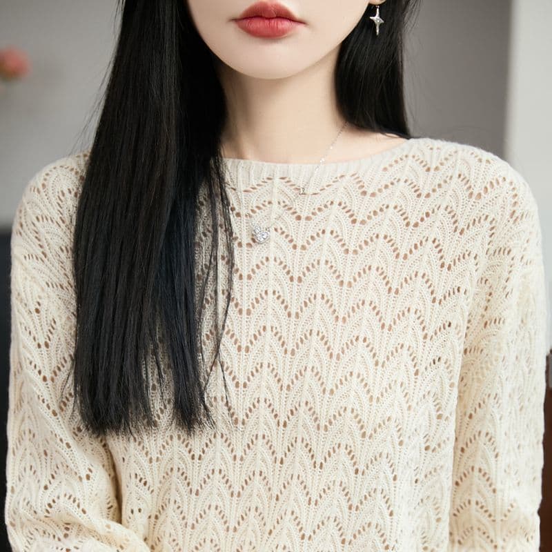 봄 가을 한 부서 다용도 주간 실크 양모 니트 스웨터 품격 공작 자수 직물 꽃무늬 보트넥 새로운 홀로우 아웃 맨위 상세 이미지 26