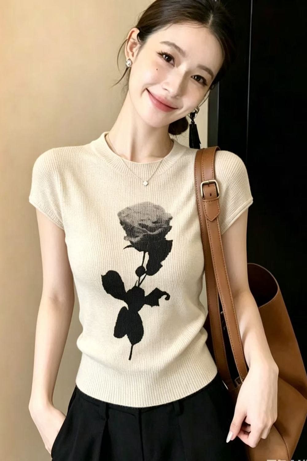 달콤한 스타일 장미 Feifei 소매 짠 셔츠 여성 여름 라운드 넥 새로운 몸매 가꾸기 다용도 고급 센스 연령 감소 맨위 여성 이미지 6