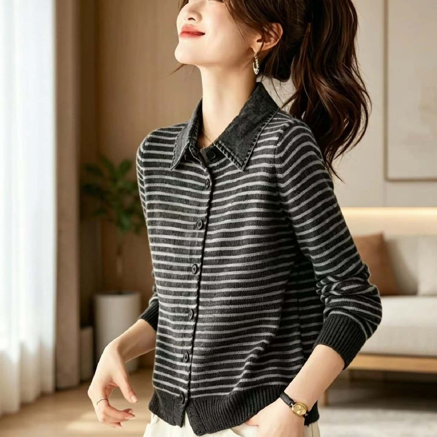 봄 가을 한국 스타일 폴로 칼라 니트 오픈 가디건 데님 새로운 셔츠 스웨터 코트 루즈핏 스트라이프 품격 연령 감소 맨위