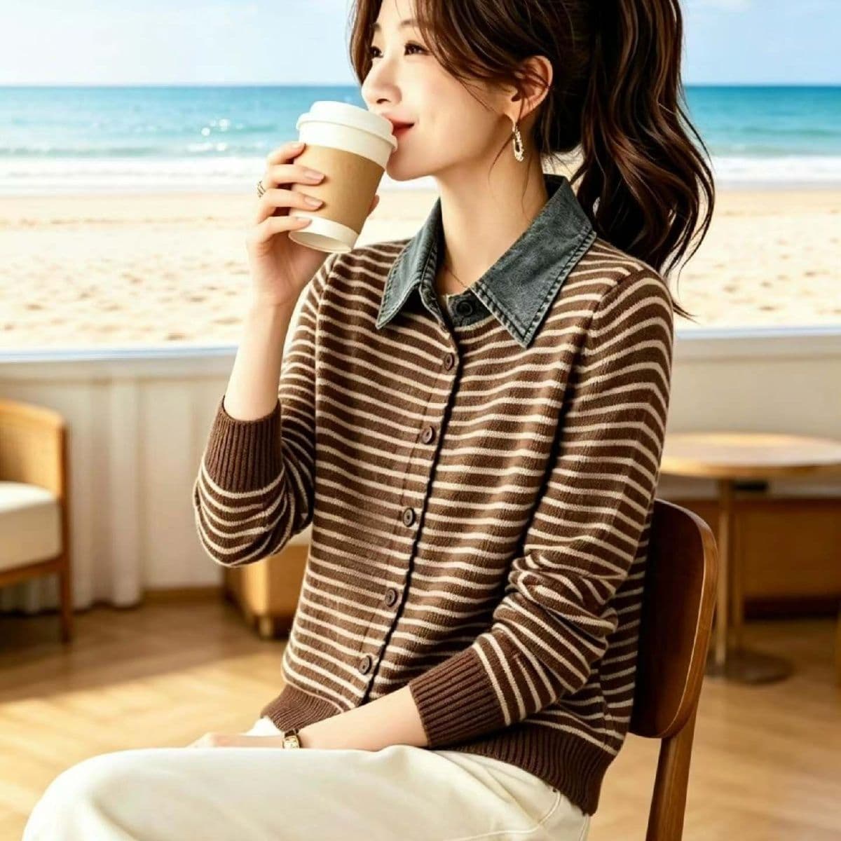 봄 가을 한국 스타일 폴로 칼라 니트 오픈 가디건 데님 새로운 셔츠 스웨터 코트 루즈핏 스트라이프 품격 연령 감소 맨위 상세 이미지 23
