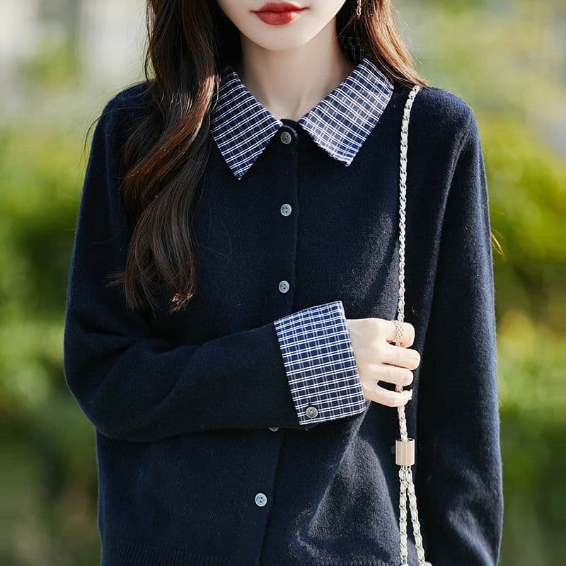 봄 가을 새로운 빅 사이즈 페이크 레이어드 디자인 센스 작은 대중 스웨터 루즈핏 패션 패치워크 양모 오픈 가디건 니트 맨위 이미지 3