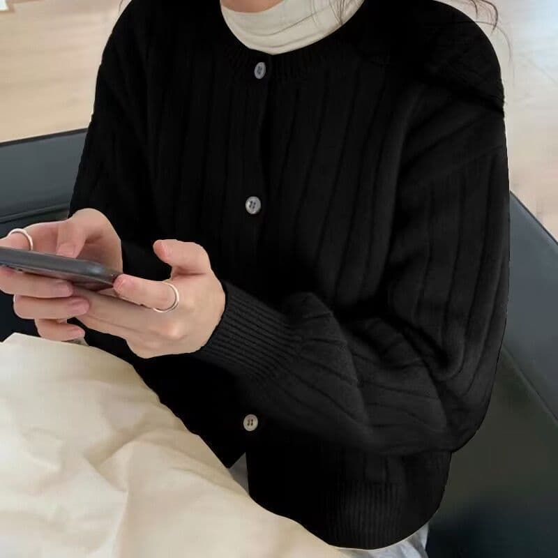 라운드 넥 세로 줄무늬 니트 오픈 가디건 여성 가을 겨울 한국 스타일 부드러운 찹쌀 외국 가스 다용도 패션 루즈핏 품격 스웨터 코트 이미지 3