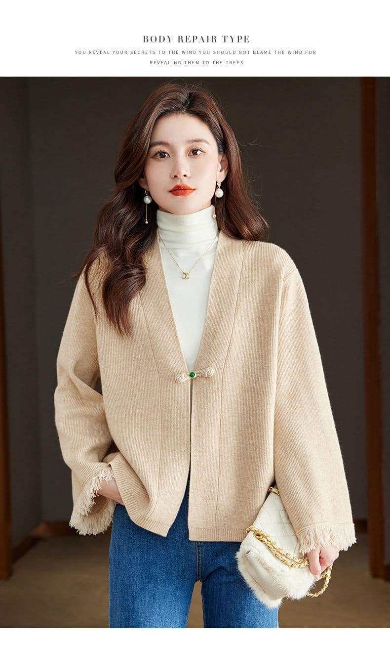 패션 외국 가스 품격 니트 스웨터 스웨터 코트 봄 가을 새로운 연령 감소 숄 오픈 가디건 단색 다용도 맨위 상세 이미지 10