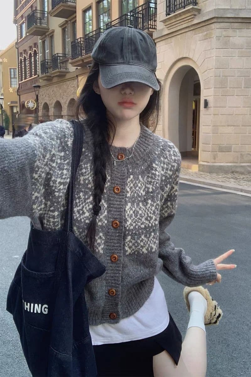 한 부서 판 수수료 레트로 자카드 라운드 넥 오픈 가디건 가을 겨울 찹쌀 프로 피부 루즈핏 니트 느긋한 스웨터 코트 맨위 여성 이미지 6
