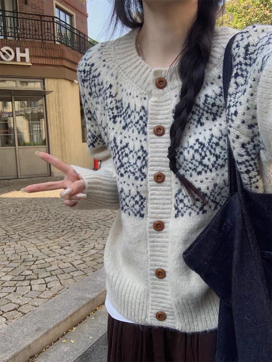 한 부서 판 수수료 레트로 자카드 라운드 넥 오픈 가디건 가을 겨울 찹쌀 프로 피부 루즈핏 니트 느긋한 스웨터 코트 맨위 여성 상세 이미지 7