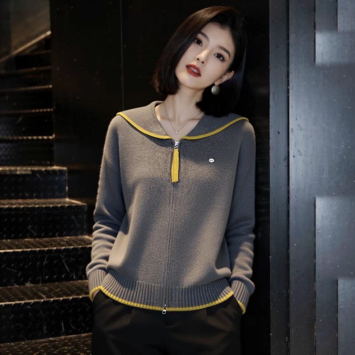 가을 겨울 새로운 패션 여성 고급 디자인 센스 배색 해군 칼라 니트 오픈 가디건 캐주얼 두꺼운 스웨터 맨위 상세 이미지 15
