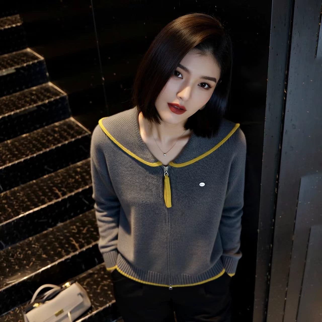 가을 겨울 새로운 패션 여성 고급 디자인 센스 배색 해군 칼라 니트 오픈 가디건 캐주얼 두꺼운 스웨터 맨위 상세 이미지 29