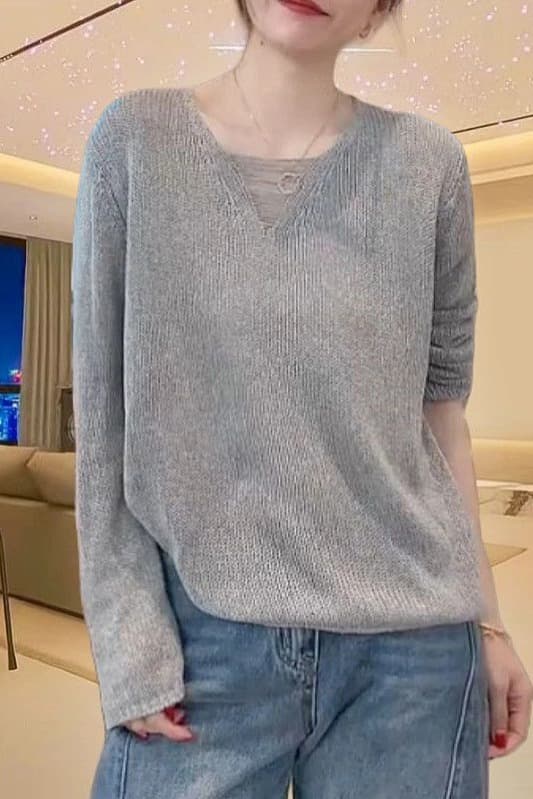 봄 가을 패션 빅 사이즈 느긋한 바람 자외선 차단 V넥 풀오버 루즈핏 단색 니트 스웨터 여성 외국 가스 긴팔 맨위 여성 이미지 6