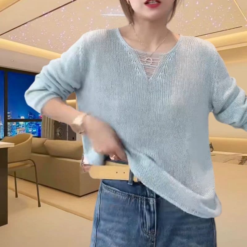 봄 가을 패션 빅 사이즈 느긋한 바람 자외선 차단 V넥 풀오버 루즈핏 단색 니트 스웨터 여성 외국 가스 긴팔 맨위 여성 상세 이미지 2