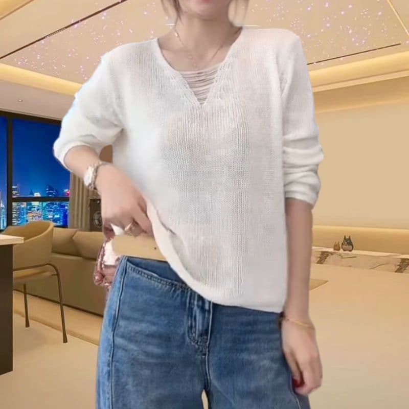 봄 가을 패션 빅 사이즈 느긋한 바람 자외선 차단 V넥 풀오버 루즈핏 단색 니트 스웨터 여성 외국 가스 긴팔 맨위 여성 상세 이미지 7