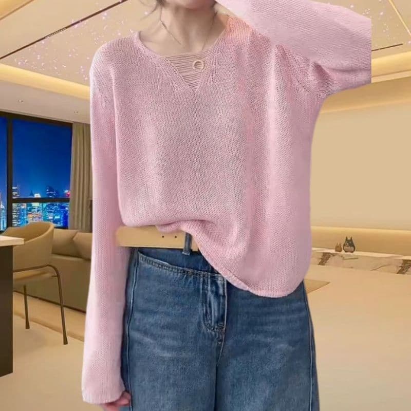 봄 가을 패션 빅 사이즈 느긋한 바람 자외선 차단 V넥 풀오버 루즈핏 단색 니트 스웨터 여성 외국 가스 긴팔 맨위 여성 상세 이미지 9