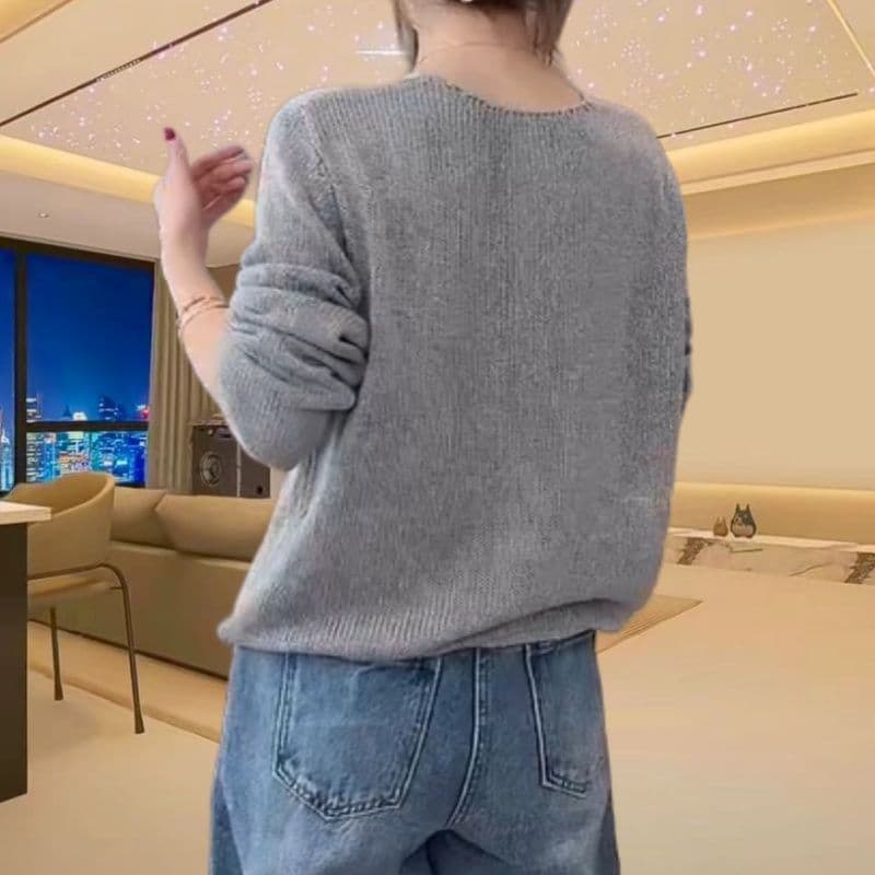 봄 가을 패션 빅 사이즈 느긋한 바람 자외선 차단 V넥 풀오버 루즈핏 단색 니트 스웨터 여성 외국 가스 긴팔 맨위 여성 상세 이미지 10