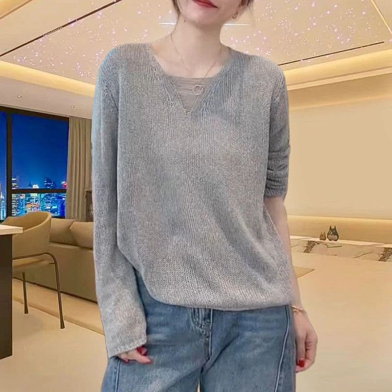 봄 가을 패션 빅 사이즈 느긋한 바람 자외선 차단 V넥 풀오버 루즈핏 단색 니트 스웨터 여성 외국 가스 긴팔 맨위 여성 상세 이미지 12