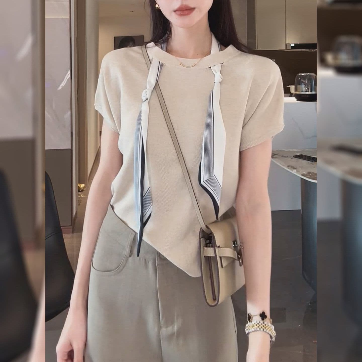 레이스업 스카프 코디 반팔 니트 스웨터 여성 봄 여름 티셔츠 새로운 한 부서 슬림해 보이는 연령 감소 캐주얼 라운드 넥 맨위 상세 이미지 1
