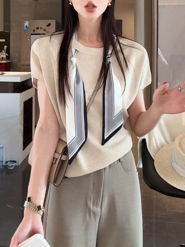 레이스업 스카프 코디 반팔 니트 스웨터 여성 봄 여름 티셔츠 새로운 한 부서 슬림해 보이는 연령 감소 캐주얼 라운드 넥 맨위 상세 이미지 27