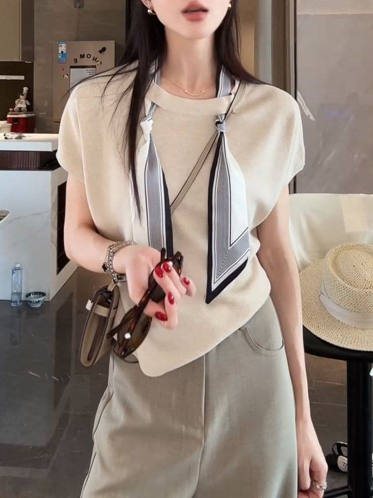 레이스업 스카프 코디 반팔 니트 스웨터 여성 봄 여름 티셔츠 새로운 한 부서 슬림해 보이는 연령 감소 캐주얼 라운드 넥 맨위 상세 이미지 28