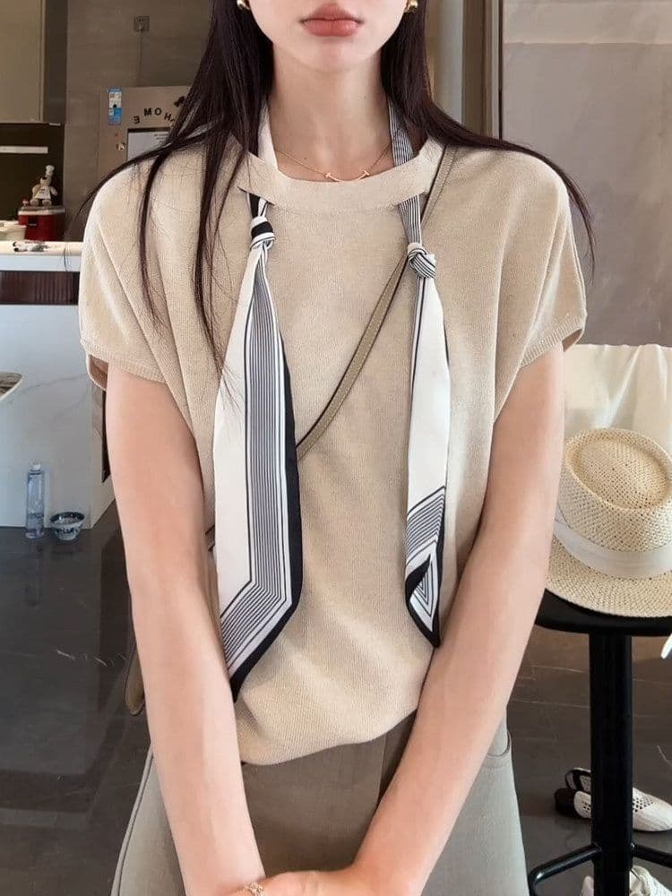 레이스업 스카프 코디 반팔 니트 스웨터 여성 봄 여름 티셔츠 새로운 한 부서 슬림해 보이는 연령 감소 캐주얼 라운드 넥 맨위 이미지 2