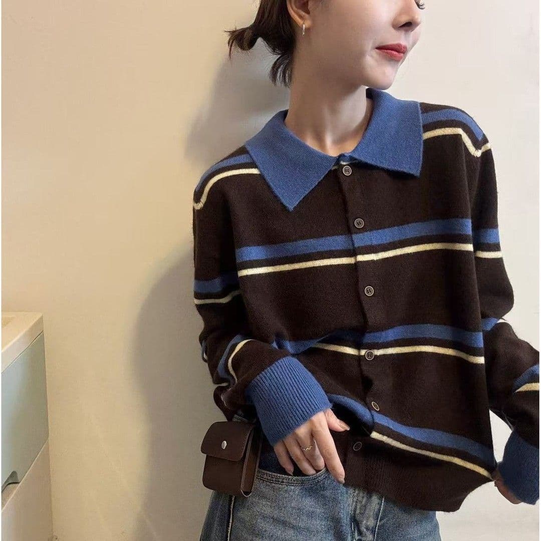 폴로 칼라 배색 새로운 패치워크 색상 스트라이프 폴로 칼라 긴팔 슬림해 보이는 연령 감소 니트 오픈 가디건 패션 외국 가스 다용도 맨위 이미지 2