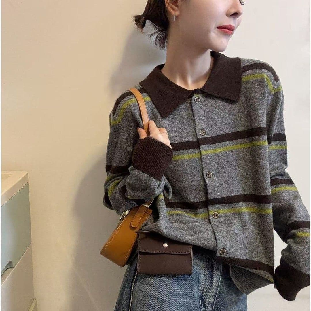 폴로 칼라 배색 새로운 패치워크 색상 스트라이프 폴로 칼라 긴팔 슬림해 보이는 연령 감소 니트 오픈 가디건 패션 외국 가스 다용도 맨위 상세 이미지 2