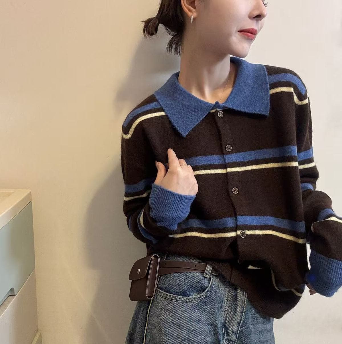 폴로 칼라 배색 새로운 패치워크 색상 스트라이프 폴로 칼라 긴팔 슬림해 보이는 연령 감소 니트 오픈 가디건 패션 외국 가스 다용도 맨위 상세 이미지 5