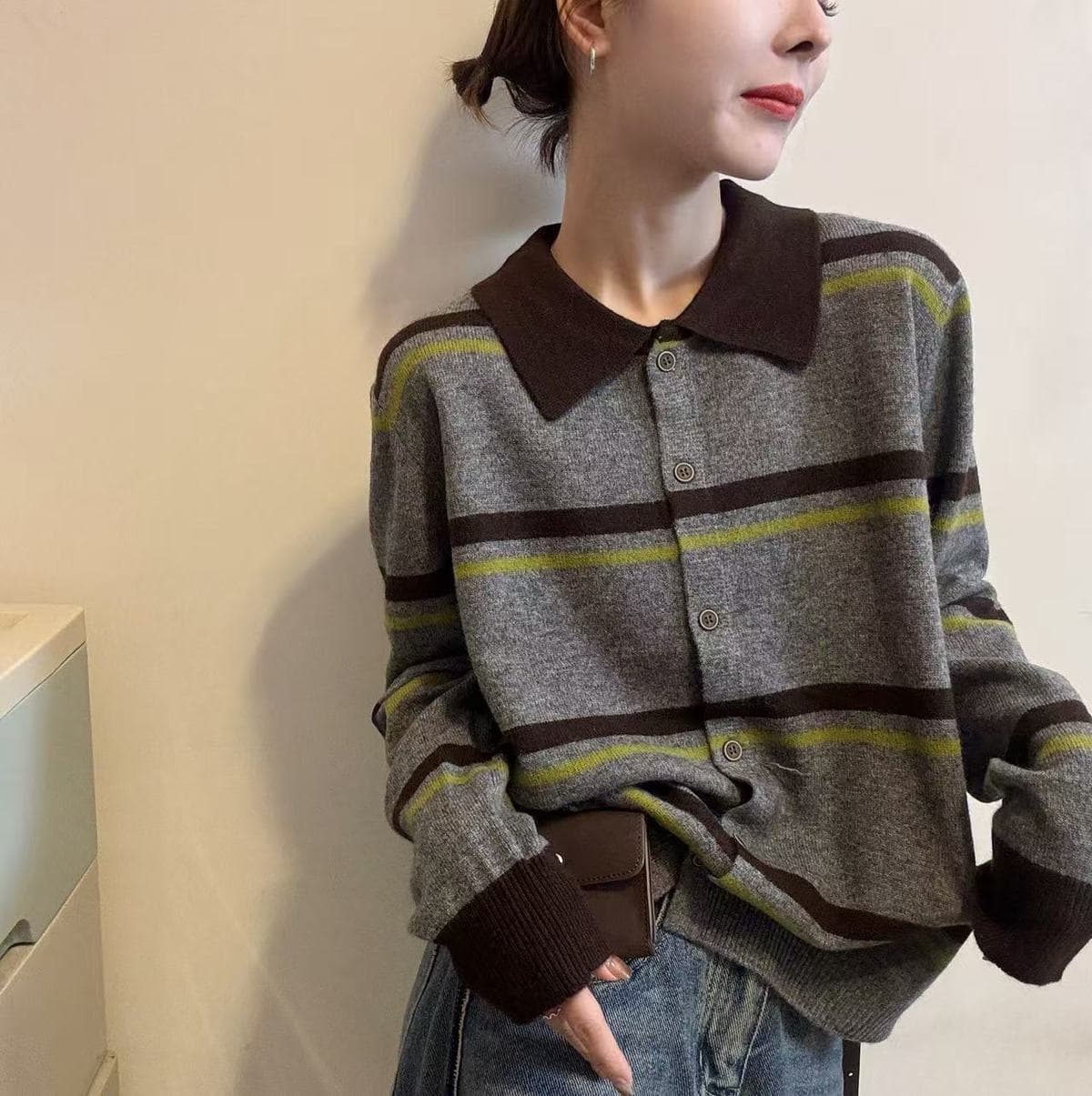 폴로 칼라 배색 새로운 패치워크 색상 스트라이프 폴로 칼라 긴팔 슬림해 보이는 연령 감소 니트 오픈 가디건 패션 외국 가스 다용도 맨위 상세 이미지 7