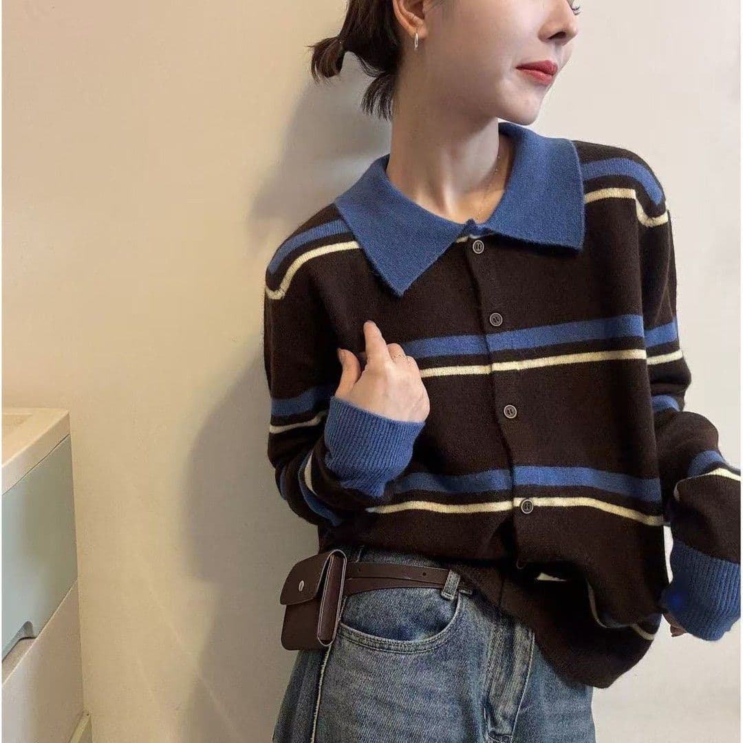폴로 칼라 배색 새로운 패치워크 색상 스트라이프 폴로 칼라 긴팔 슬림해 보이는 연령 감소 니트 오픈 가디건 패션 외국 가스 다용도 맨위 상세 이미지 11