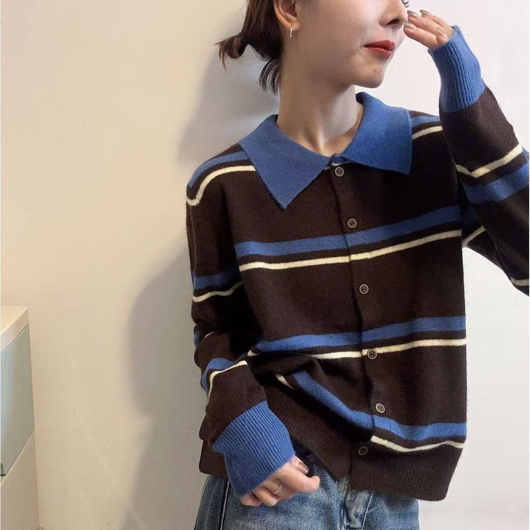 폴로 칼라 배색 새로운 패치워크 색상 스트라이프 폴로 칼라 긴팔 슬림해 보이는 연령 감소 니트 오픈 가디건 패션 외국 가스 다용도 맨위 상세 이미지 13