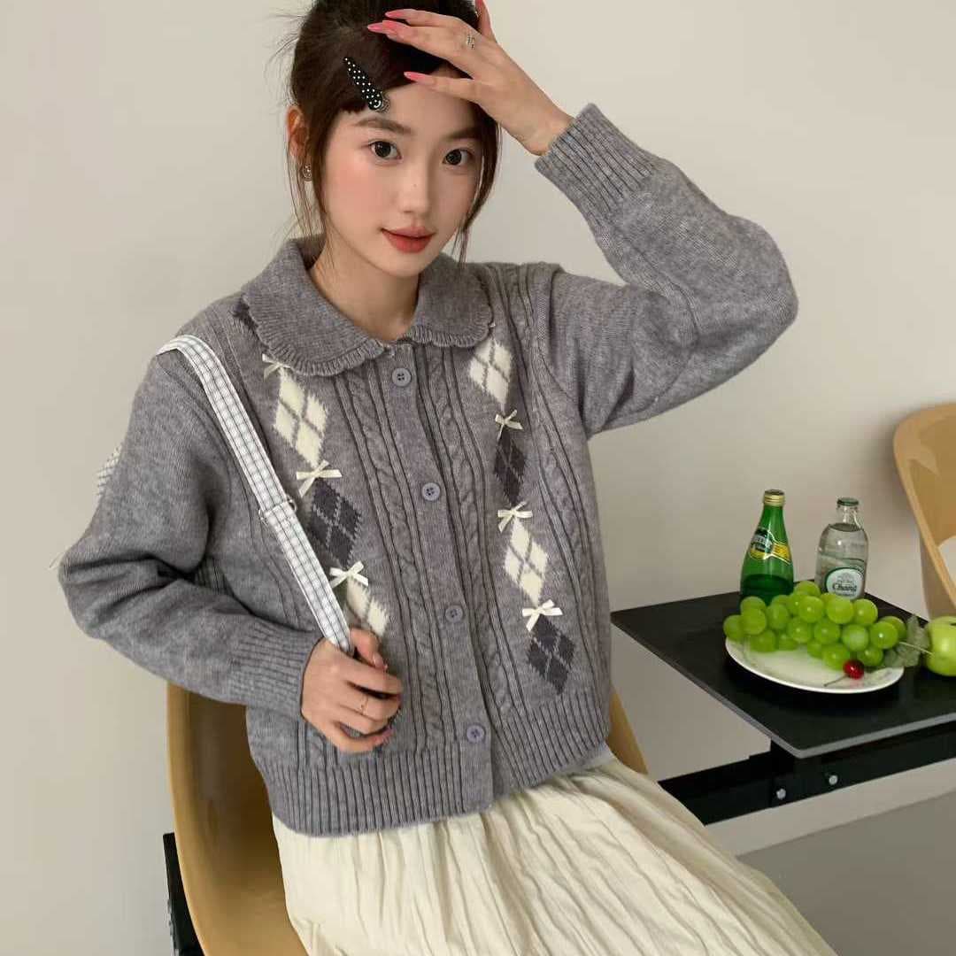 한 부서 POLO 칼라 니트 오픈 가디건 여성 봄 가을 새로운 패션 배색 다이아몬드 모양 나비 매듭 자카드 스웨터 맨위 여성 이미지 2