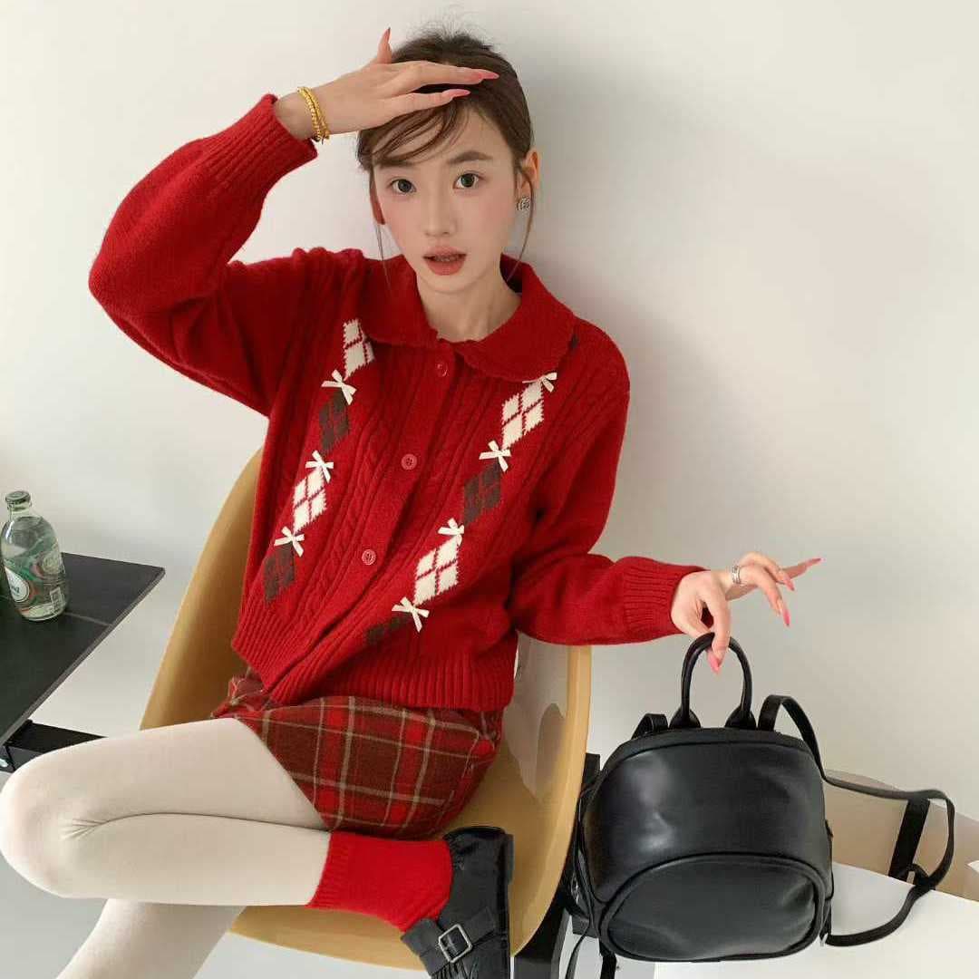 한 부서 POLO 칼라 니트 오픈 가디건 여성 봄 가을 새로운 패션 배색 다이아몬드 모양 나비 매듭 자카드 스웨터 맨위 여성 이미지 4