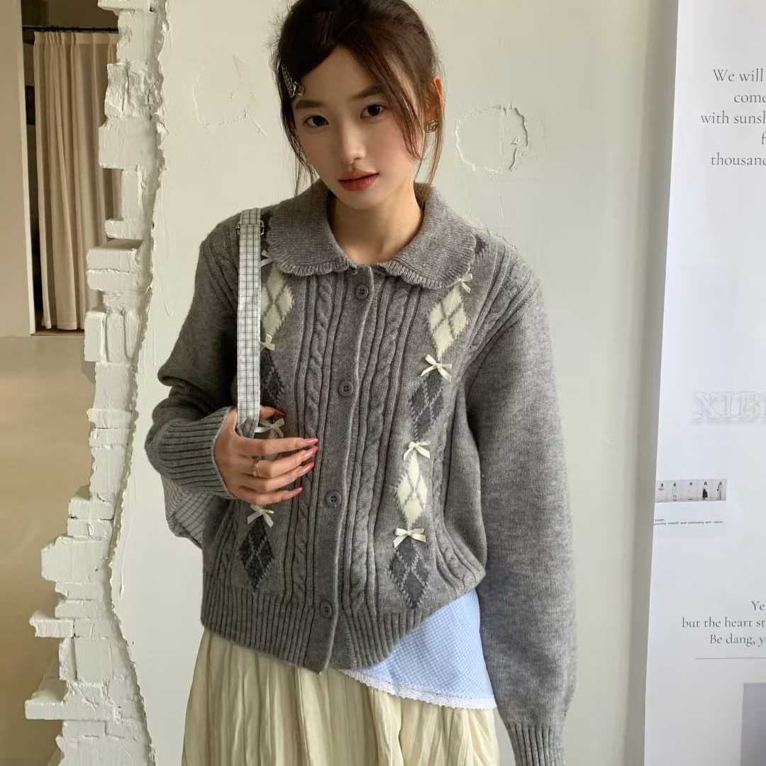 한 부서 POLO 칼라 니트 오픈 가디건 여성 봄 가을 새로운 패션 배색 다이아몬드 모양 나비 매듭 자카드 스웨터 맨위 여성 이미지 5