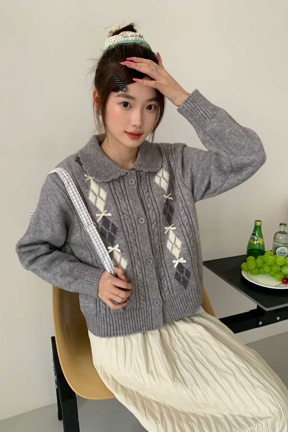 한 부서 POLO 칼라 니트 오픈 가디건 여성 봄 가을 새로운 패션 배색 다이아몬드 모양 나비 매듭 자카드 스웨터 맨위 여성 이미지 7