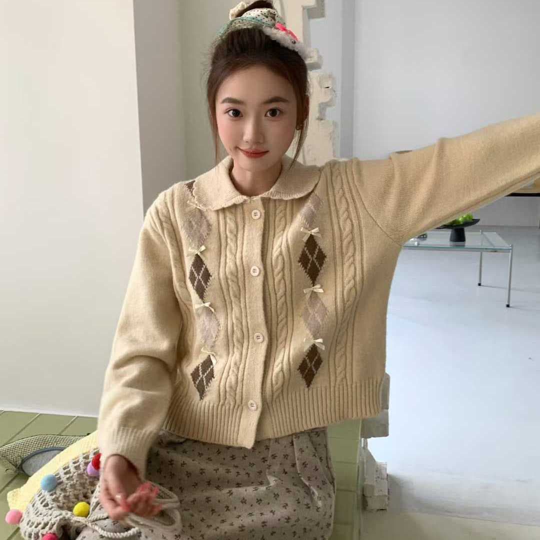 한 부서 POLO 칼라 니트 오픈 가디건 여성 봄 가을 새로운 패션 배색 다이아몬드 모양 나비 매듭 자카드 스웨터 맨위 여성 상세 이미지 3