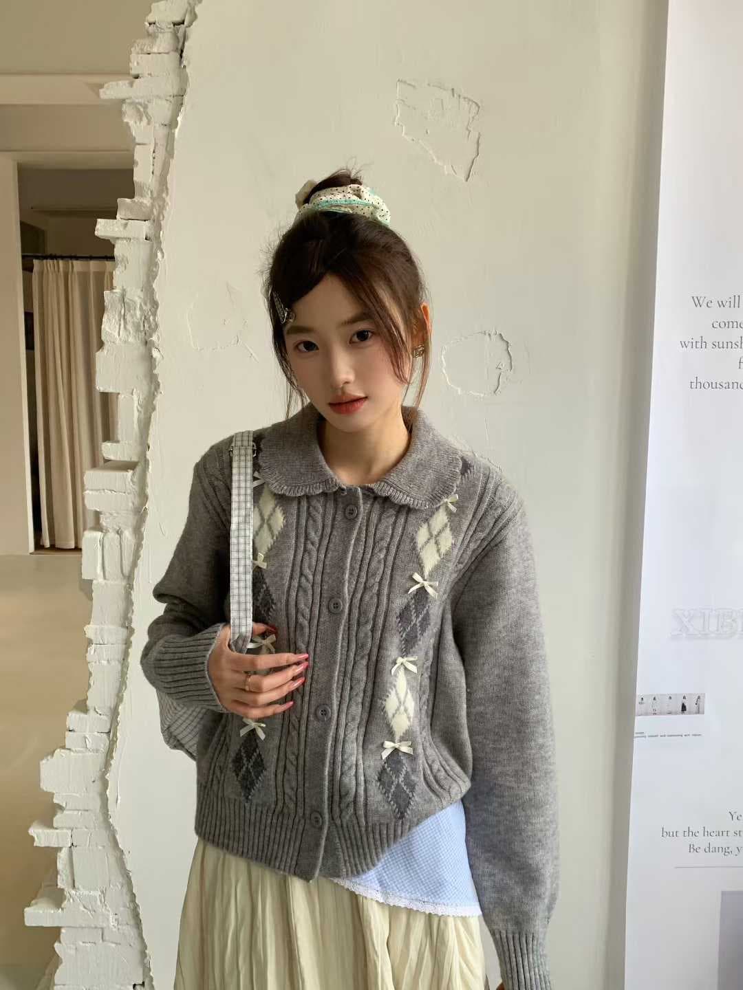한 부서 POLO 칼라 니트 오픈 가디건 여성 봄 가을 새로운 패션 배색 다이아몬드 모양 나비 매듭 자카드 스웨터 맨위 여성 상세 이미지 9