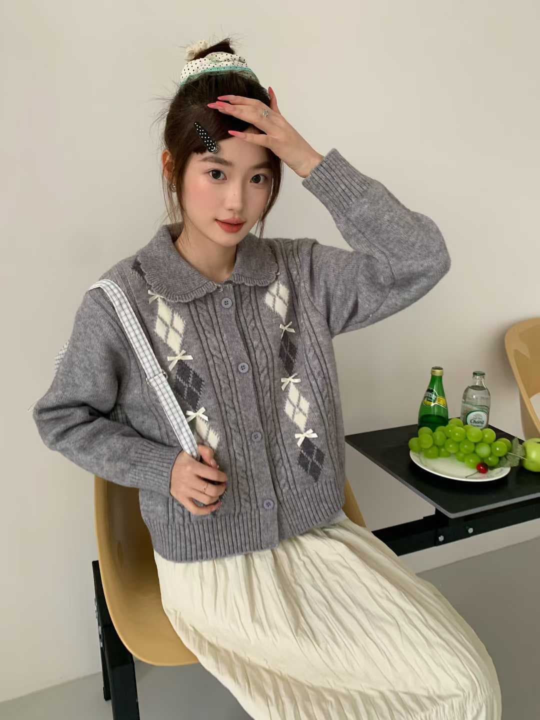 한 부서 POLO 칼라 니트 오픈 가디건 여성 봄 가을 새로운 패션 배색 다이아몬드 모양 나비 매듭 자카드 스웨터 맨위 여성 상세 이미지 11