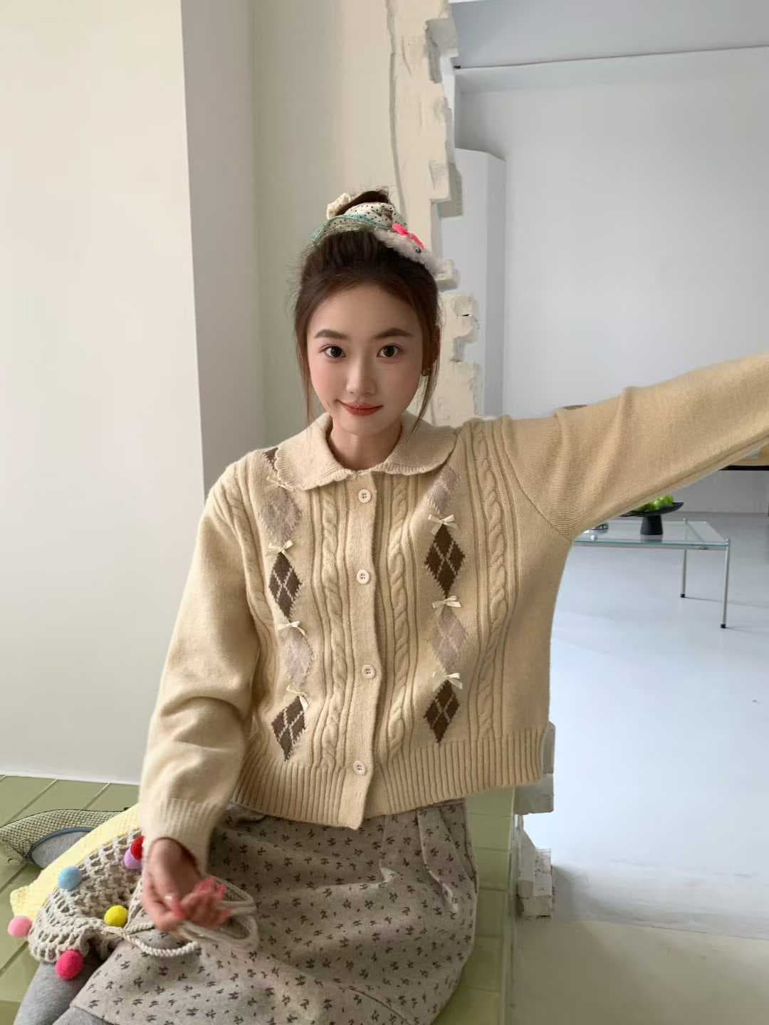 한 부서 POLO 칼라 니트 오픈 가디건 여성 봄 가을 새로운 패션 배색 다이아몬드 모양 나비 매듭 자카드 스웨터 맨위 여성 상세 이미지 12