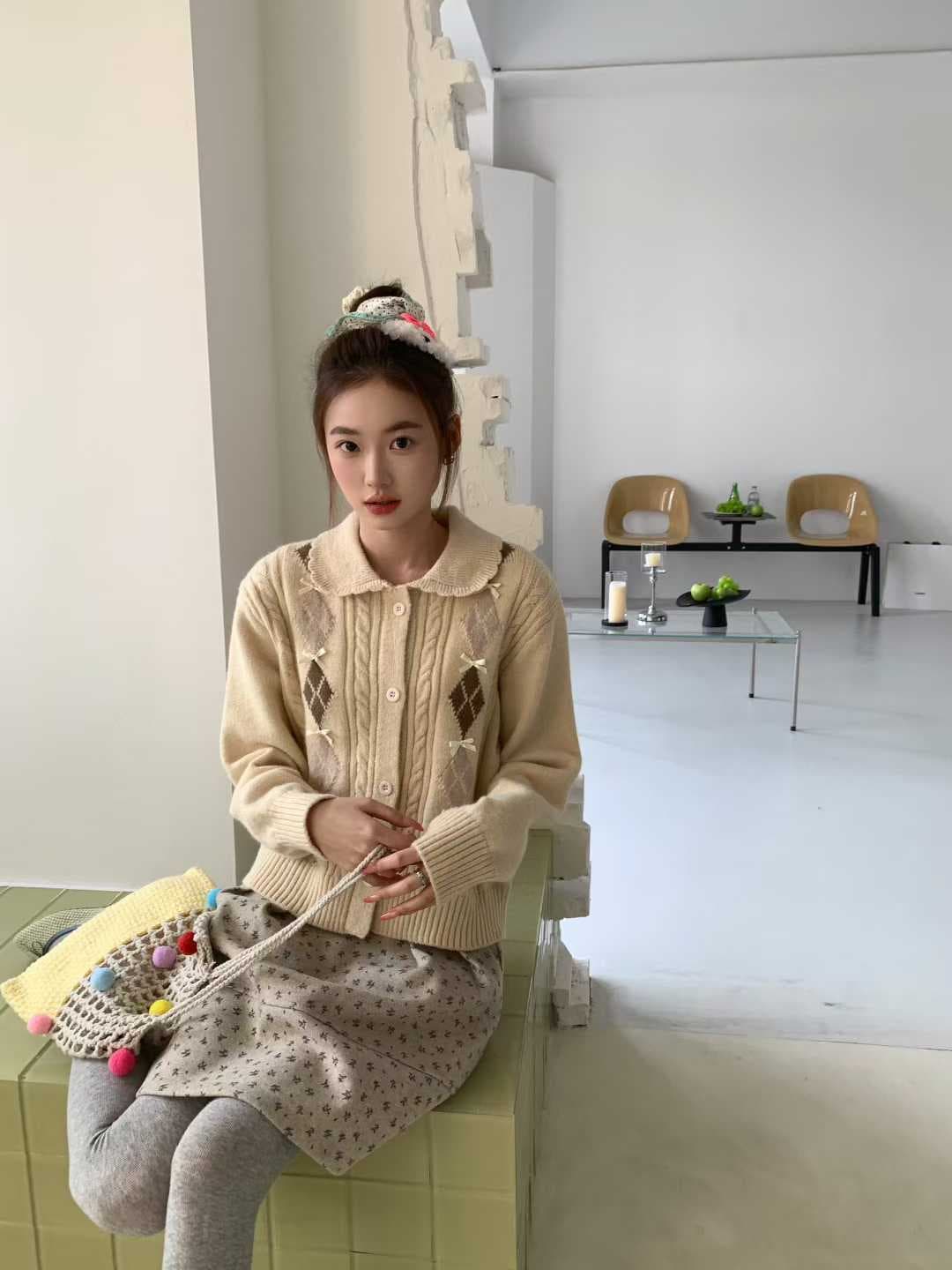 한 부서 POLO 칼라 니트 오픈 가디건 여성 봄 가을 새로운 패션 배색 다이아몬드 모양 나비 매듭 자카드 스웨터 맨위 여성 상세 이미지 13