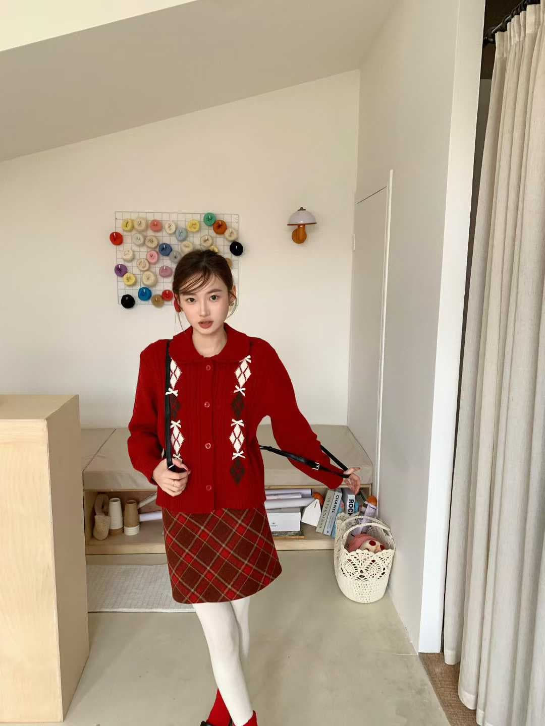한 부서 POLO 칼라 니트 오픈 가디건 여성 봄 가을 새로운 패션 배색 다이아몬드 모양 나비 매듭 자카드 스웨터 맨위 여성 상세 이미지 14