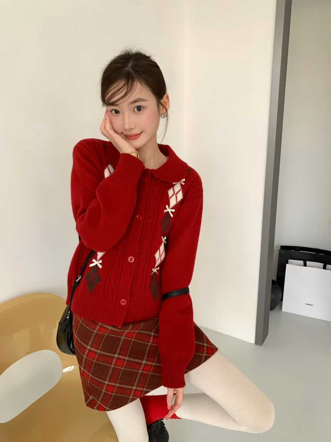 한 부서 POLO 칼라 니트 오픈 가디건 여성 봄 가을 새로운 패션 배색 다이아몬드 모양 나비 매듭 자카드 스웨터 맨위 여성 상세 이미지 15