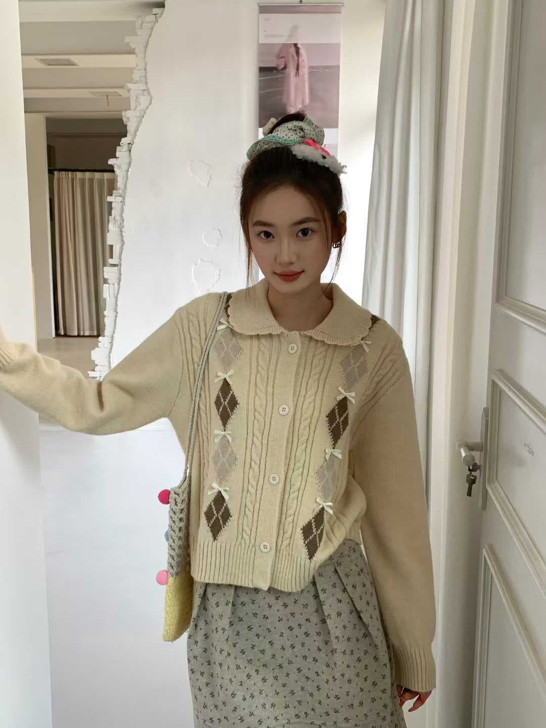 한 부서 POLO 칼라 니트 오픈 가디건 여성 봄 가을 새로운 패션 배색 다이아몬드 모양 나비 매듭 자카드 스웨터 맨위 여성 상세 이미지 20