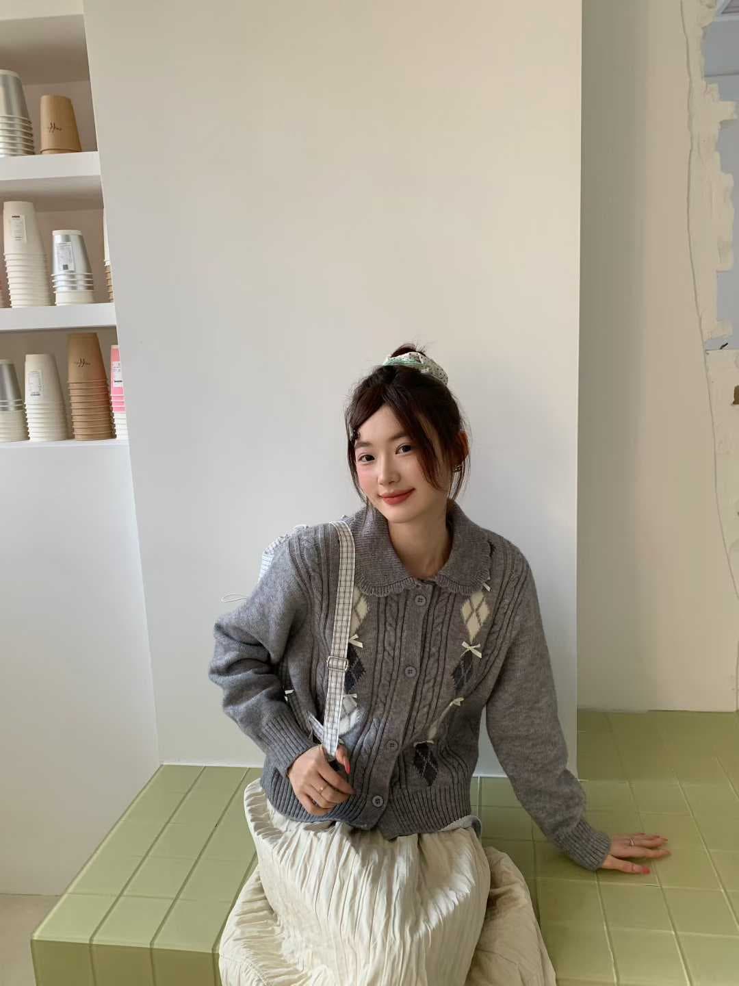 한 부서 POLO 칼라 니트 오픈 가디건 여성 봄 가을 새로운 패션 배색 다이아몬드 모양 나비 매듭 자카드 스웨터 맨위 여성 상세 이미지 26