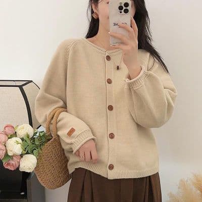 한 부서 느긋한 라운드 넥 볼륨 측면 니트 오픈 가디건 여성 가을 겨울철 새로운 디자인 센스 루즈핏 다용도 스웨터 코트 상세 이미지 1