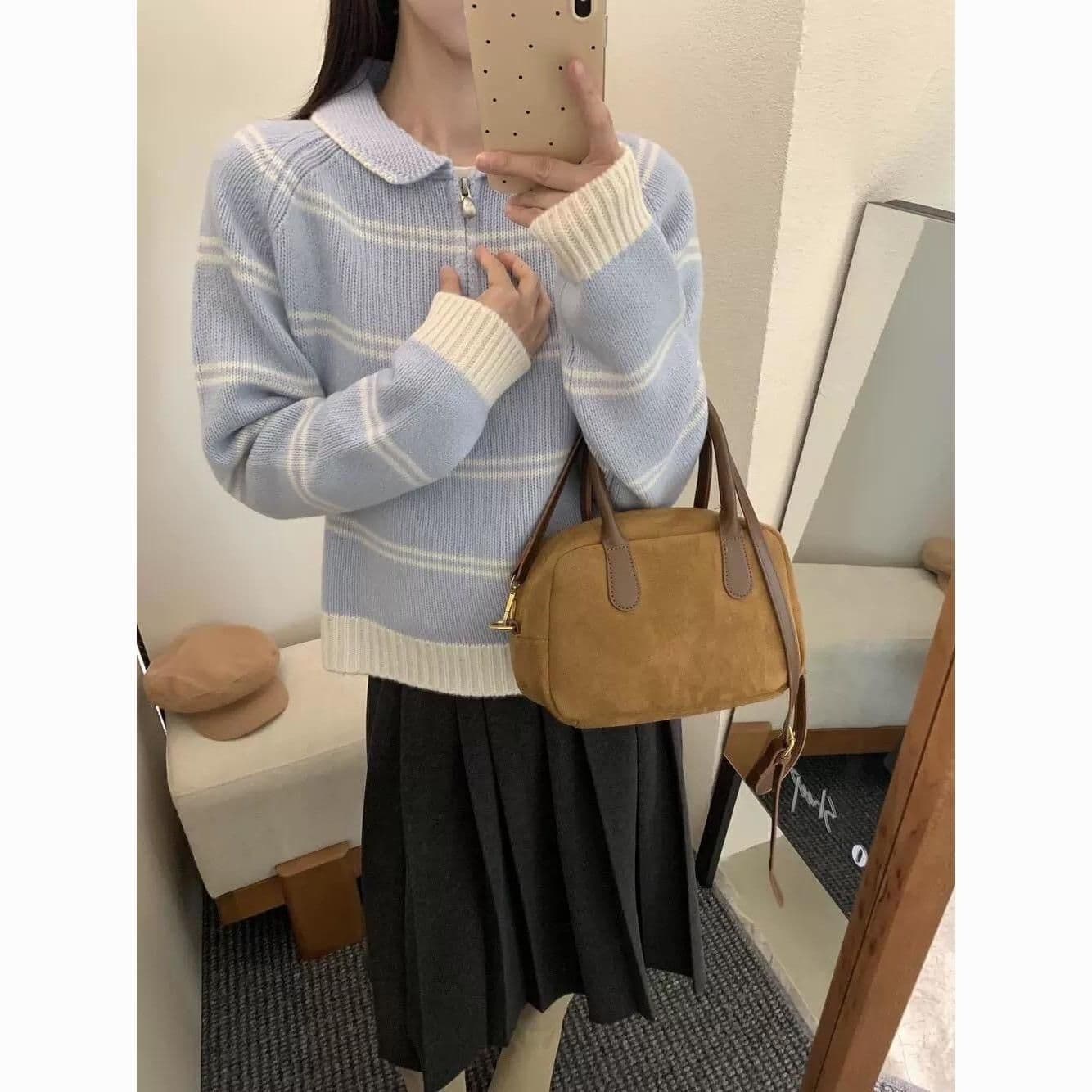 한 부서 스트라이프 하프 지퍼 폴로 칼라 니트 풀오버 셔츠 가을 겨울 새로운 패션 다용도 연령 감소 소녀 바람 스웨터 여자 상세 이미지 1