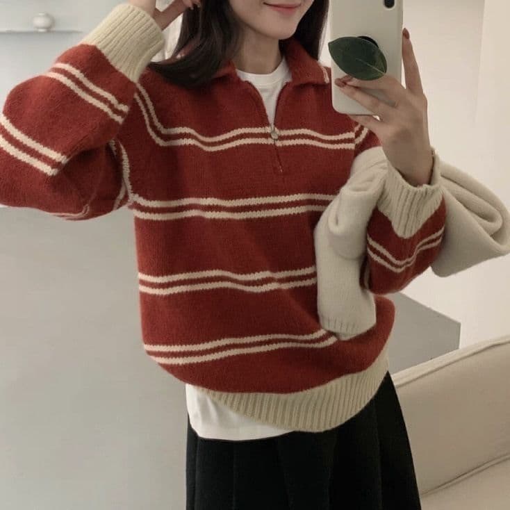 한 부서 스트라이프 하프 지퍼 폴로 칼라 니트 풀오버 셔츠 가을 겨울 새로운 패션 다용도 연령 감소 소녀 바람 스웨터 여자 상세 이미지 13