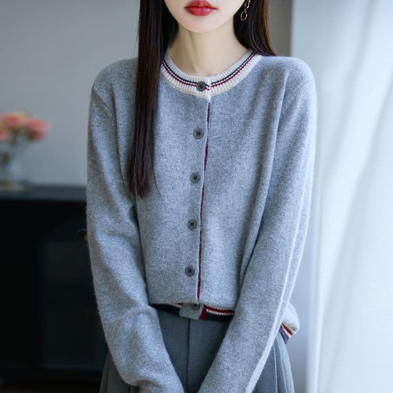 배색 라운드 넥 니트 오픈 가디건 여성 봄 가을 새로운 루즈핏 연령 감소 슬림해 보이는 두꺼운 스웨터 코트 다용도 맨위 트렌디