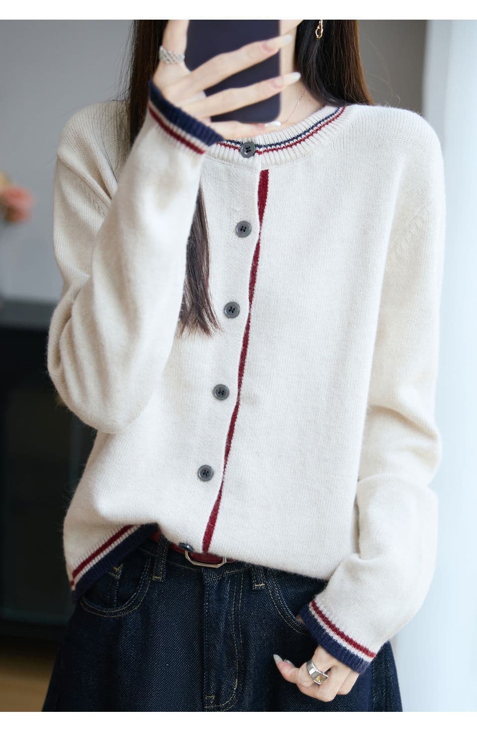 배색 라운드 넥 니트 오픈 가디건 여성 봄 가을 새로운 루즈핏 연령 감소 슬림해 보이는 두꺼운 스웨터 코트 다용도 맨위 트렌디 상세 이미지 12