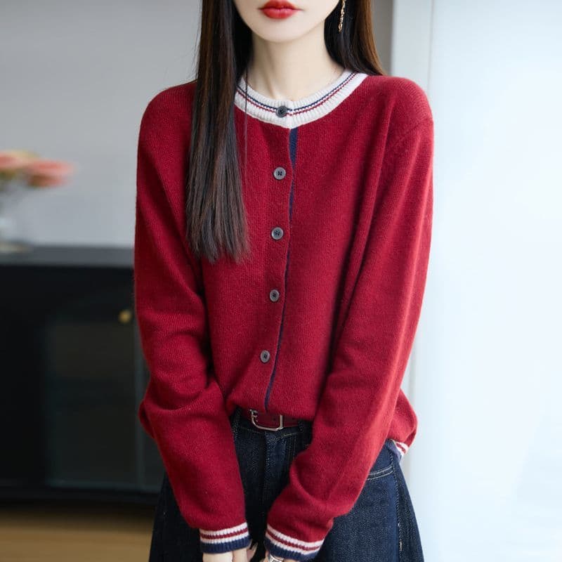 배색 라운드 넥 니트 오픈 가디건 여성 봄 가을 새로운 루즈핏 연령 감소 슬림해 보이는 두꺼운 스웨터 코트 다용도 맨위 트렌디 상세 이미지 26