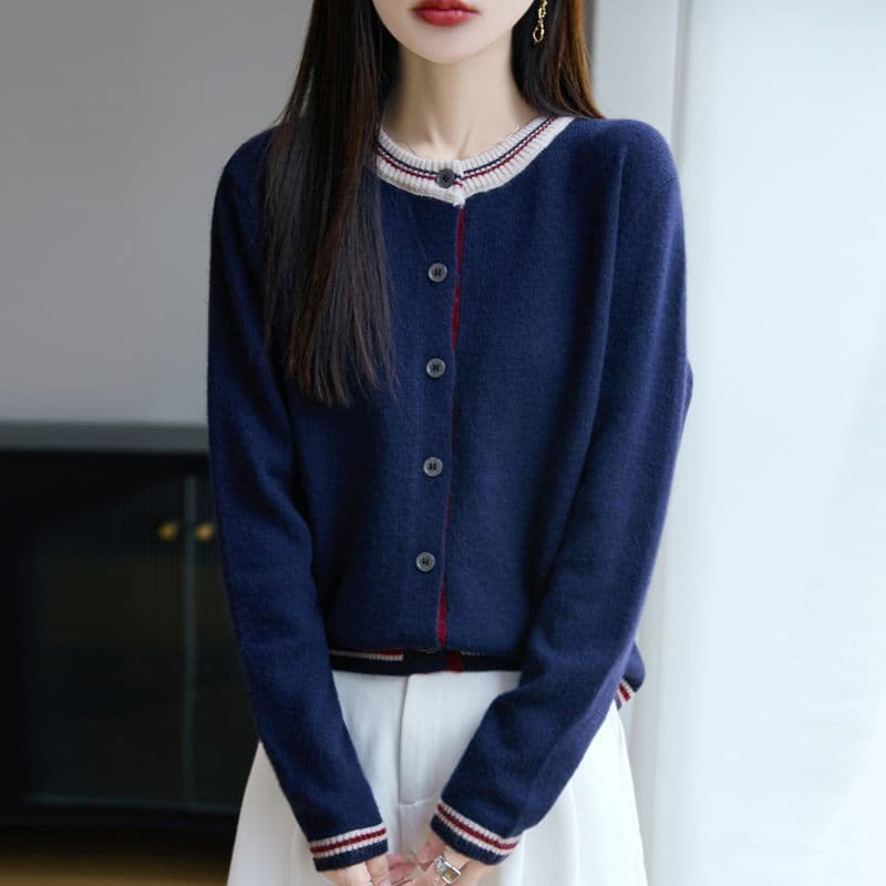 배색 라운드 넥 니트 오픈 가디건 여성 봄 가을 새로운 루즈핏 연령 감소 슬림해 보이는 두꺼운 스웨터 코트 다용도 맨위 트렌디 상세 이미지 29