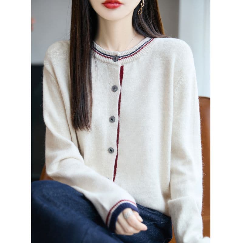 배색 라운드 넥 니트 오픈 가디건 여성 봄 가을 새로운 루즈핏 연령 감소 슬림해 보이는 두꺼운 스웨터 코트 다용도 맨위 트렌디 상세 이미지 33