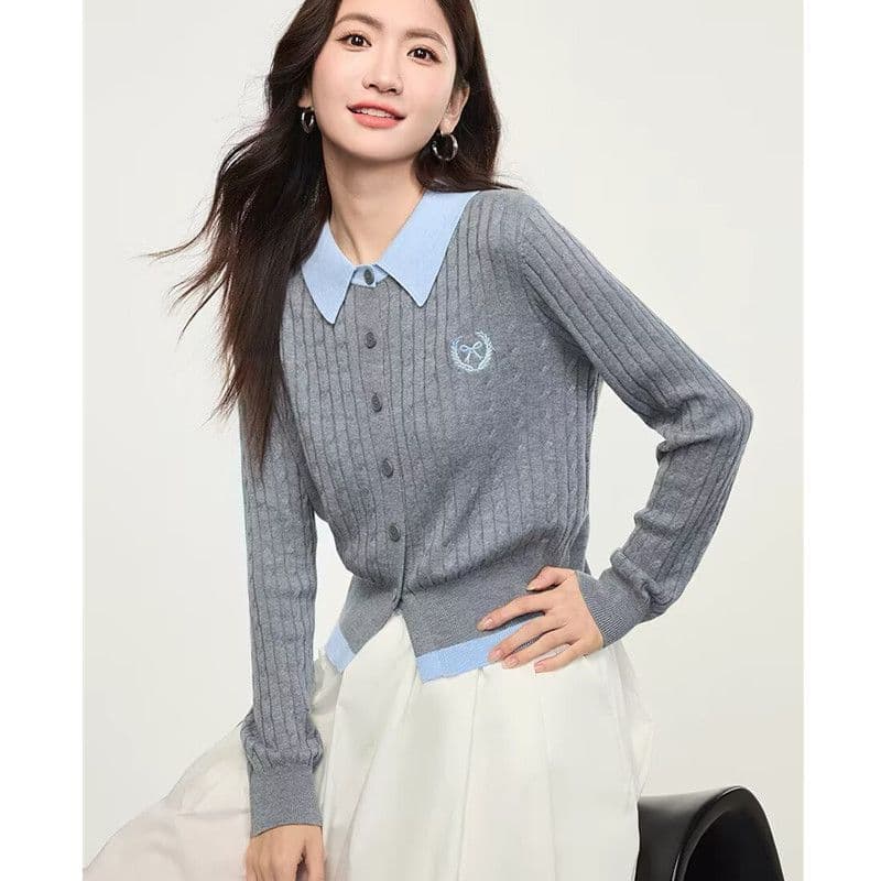 페이크 레이어드 배색 POLO 칼라 니트 오픈 가디건 맨위 여성 봄 가을 새로운 구덩이 기사 꽈배기 스웨터 기본 셔츠 맨위 상세 이미지 15